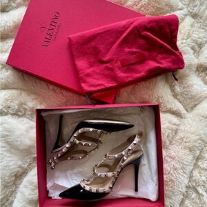 Valentino Garavani Black Patent and Nude Rockstud Slingback Pumps